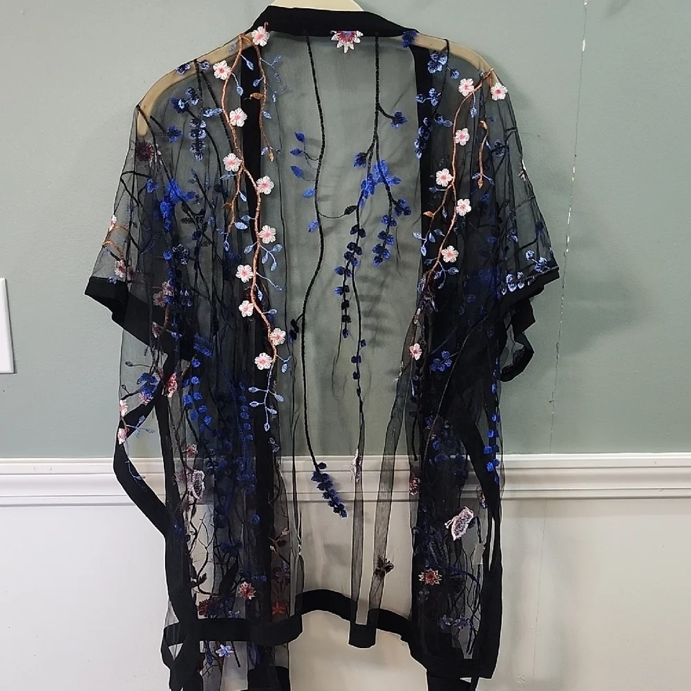 Highness Sheer Black Kimono with Floral Embroidery